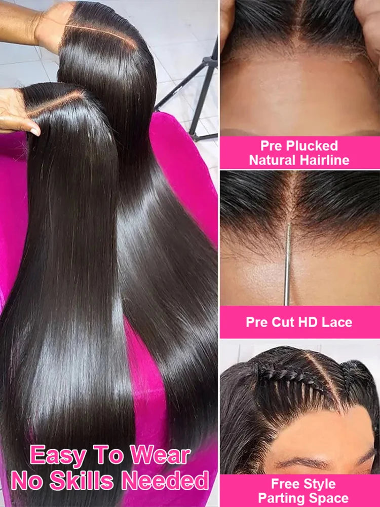 Peluca liso frontal de encaje recto cabello humano 250% Pre-Cut Sin Pegamento 7x5 13x4 Peluca sin pegamento